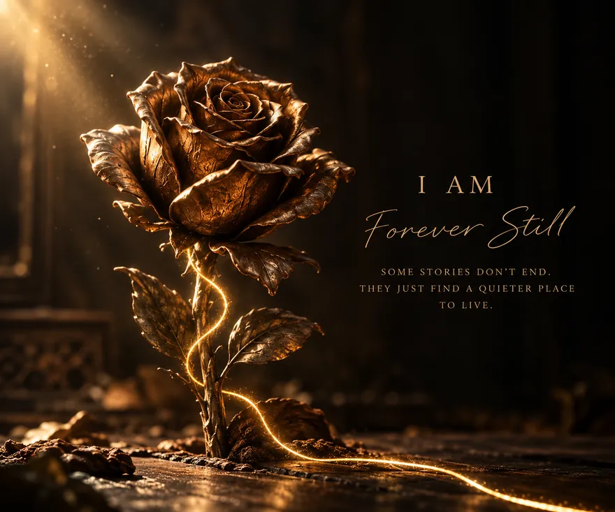 A bronze rose in low light, a gold thread winding down its stem and away across the floor. I Am Forever Still — some stories don’t end. They just find a quieter place to live.